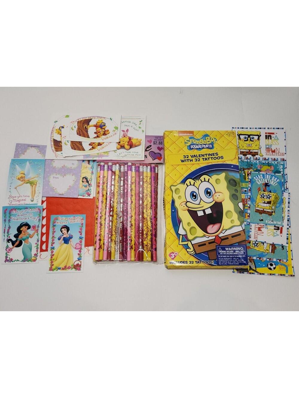 Valentines Cards Princess SpongeBob Pooh Pencils - 68 Cards Total